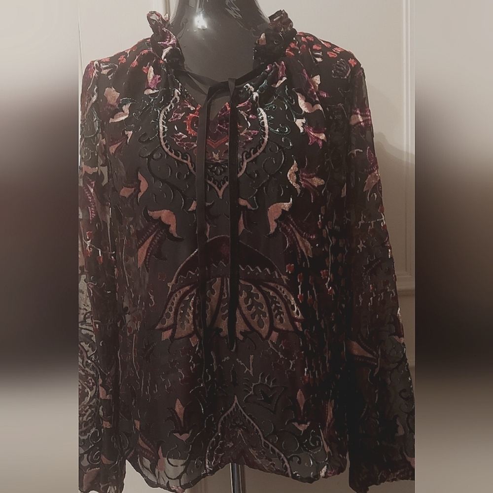 Violet & Claire Burnout Velvet Blouse Black Pink Floral Sz Small Boho Romantic